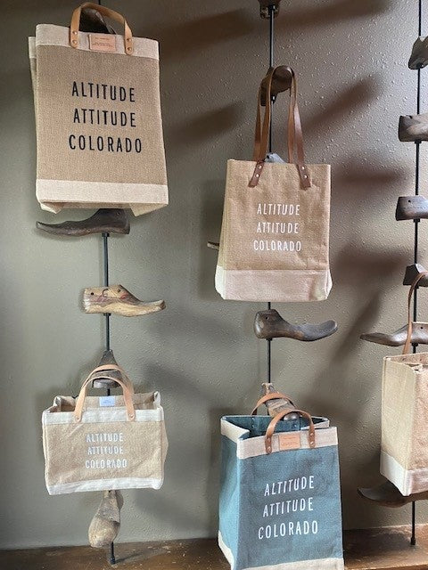 Wine Tote. Natural. Black Text: Altitude Attitude Colorado