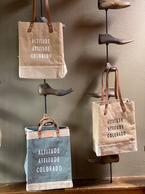 Wine Tote. Natural. Black Text: Altitude Attitude Colorado