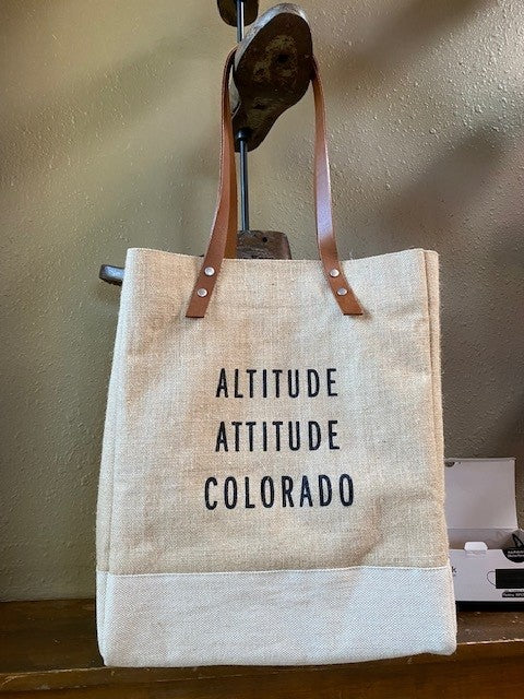 Wine Tote. Natural. Black Text: Altitude Attitude Colorado