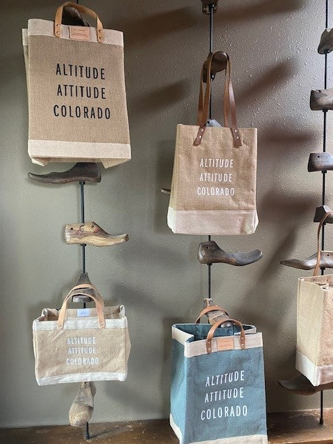 Market Tote. Grey. White Text: Altitude Attitude Colorado
